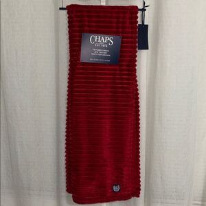CHAPS Cherry Red Plush Blanket Throw with a Hanger Ribbed Stripe